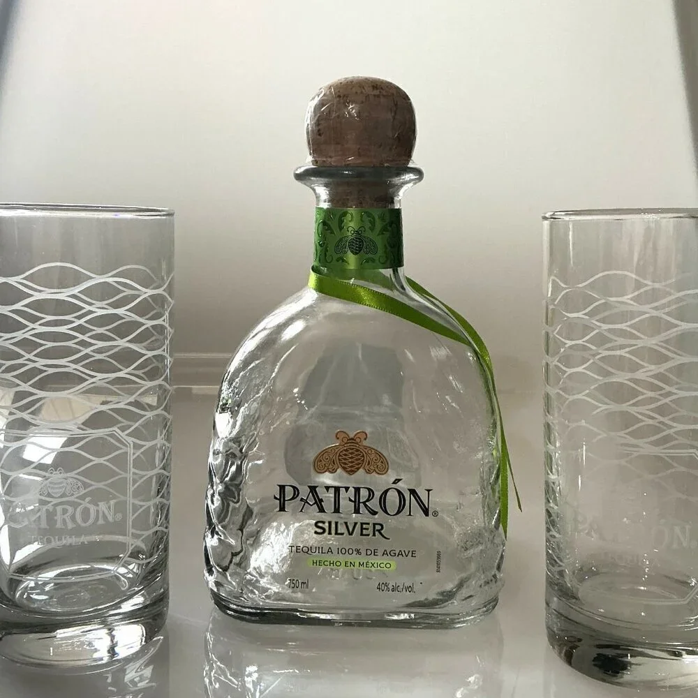 PATRON TEQUILA BOTTLE WITH BAR GLASSES SET NEW BOTTLE DESIGN EMPTY BOTTLE
